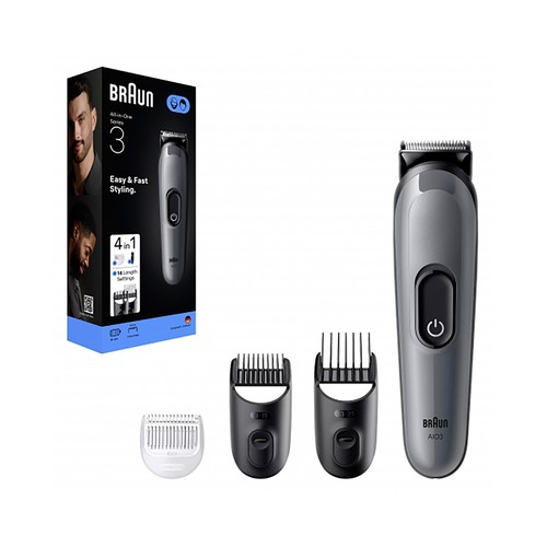 Set de arreglo personal 4 en 1 BRAUN Multigroomer MGKAIO3, cara, barba y cabello, 4 accesorios, 14 longitudes, autonomía 50min.
