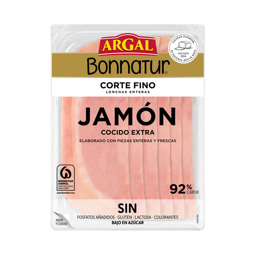 ARGAL Bonnatur de jamón cocido extra, cortado en lonchas finas y enteras BONNATUR de Argal 140 g.