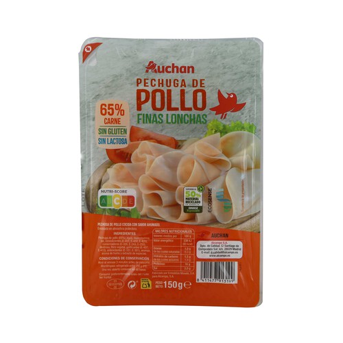 AUCHAN Pechuga de pollo cocida con sabor ahumado, cortada en finas lonchas 150 g. Producto Alcampo