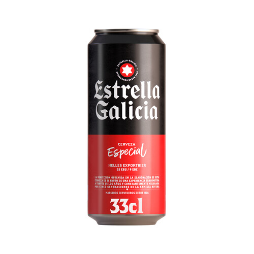 Cerveza rubia de sabor neutral y con lúpulo acentuado ESTRELLA GALICIA ESPECIAL lata 33 cl.