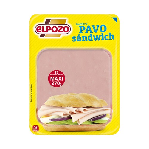 EL POZO Fiambre de pavo, lonchas especiales para sándwich, elaborado sin gluten EL POZO 270 g.