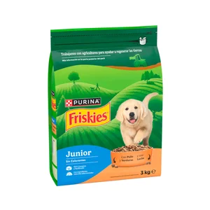 FRISKIES Comida para perros junior a base de pollo, leche y verduras 3 kg.