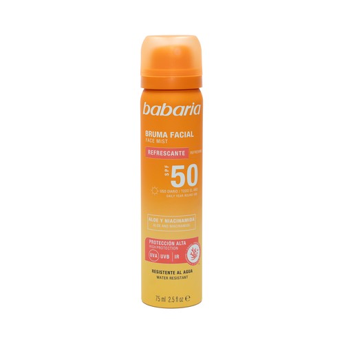 BABARIA Bruma facial refrescante de uso diario con FPS 50 (muy alto) 75 ml.