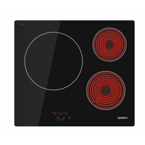 Placa radiante APELSON AVT 3600, 3 zonas de cocción, zona gigante de 27cm, programable, control táctil, A: 58cm.