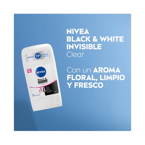 NIVEA Black & white invisible clean Desodorante en stick para mujer, antitranspirante 72 horas 50 ml.