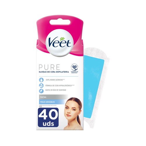 Bandas de cera depilatoria facial para pieles sensibles VEET Pure 40 uds.