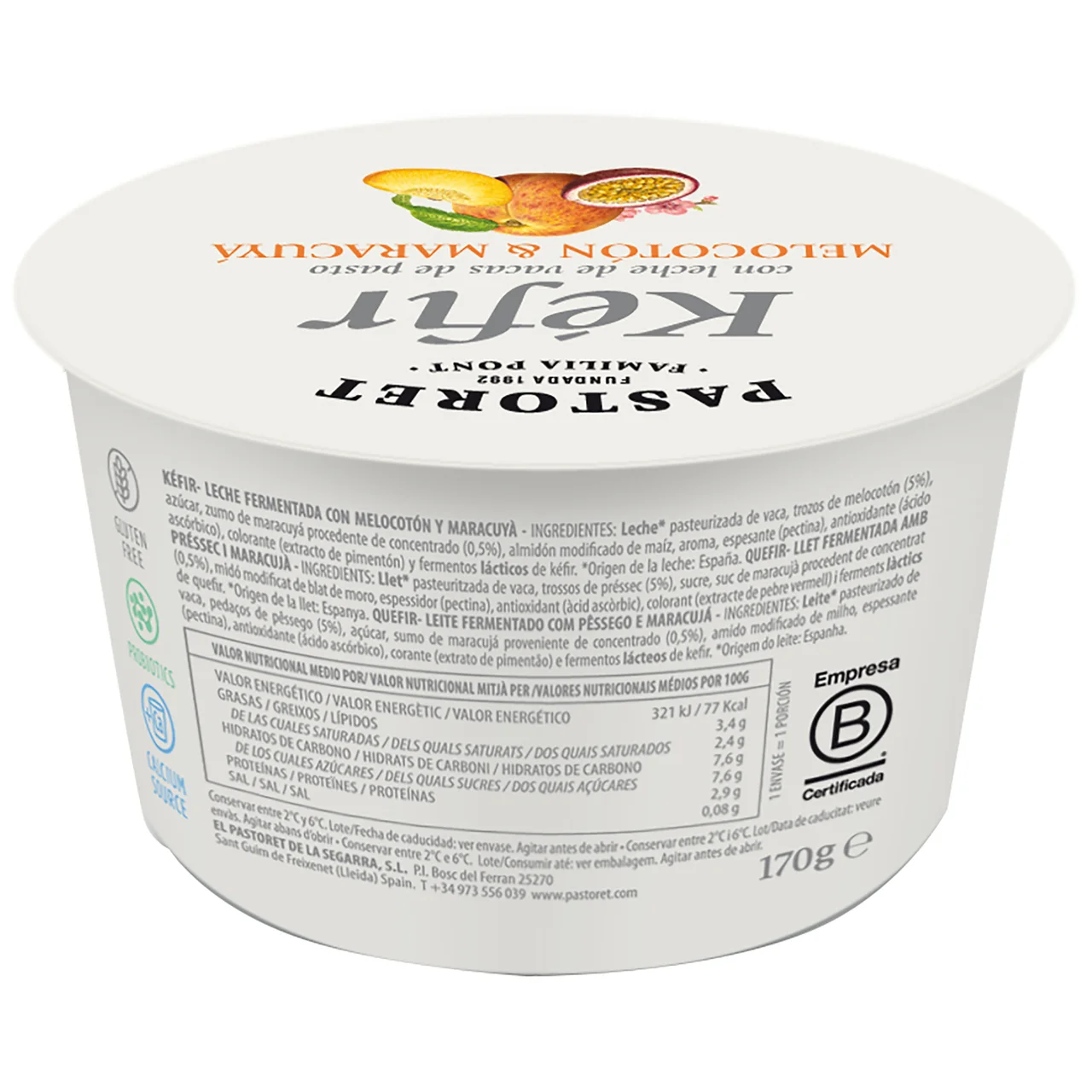 Kéfir con melocotón y maracuyá elaborado con leche de vacas de pasto 170g.