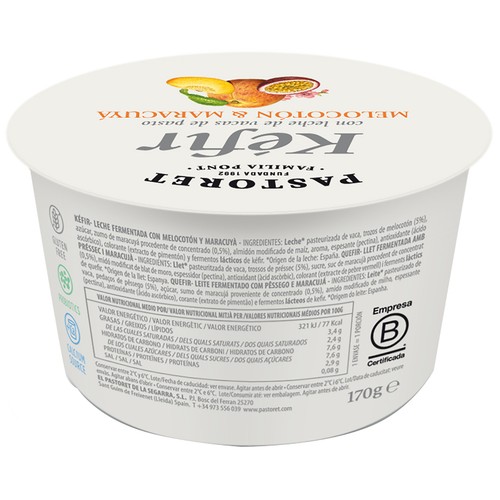 PASTORET Kéfir con melocotón y maracuyá elaborado con leche de vacas de pasto 170g.