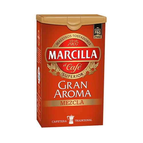 Café molido mezcla de tueste natural 50% y torrefacto 50% gran aroma MARCILLA 250 gr,