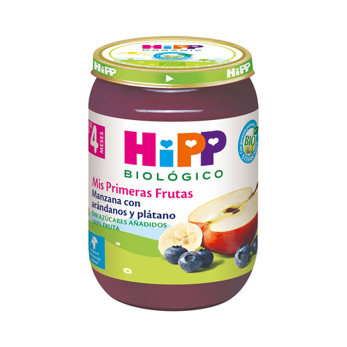 HIPP Biológico Tarrito de fruta ecológica (manzana, arándanos y plátano), a partir de 4 meses 190 g.