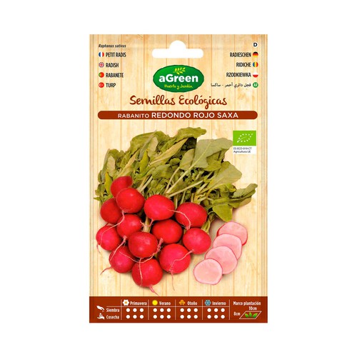 Semillas ecológicas para sembrar rabanitos de la variedad redondo rojo Saxa HA-HUERTO Y JARDÍN 2.78 gramos.