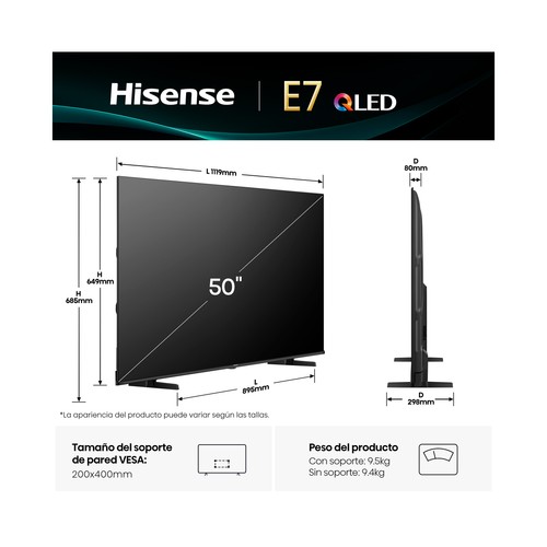 Televisión 127 cm (50") QLED HISENSE 50E7Q, 4K, VIDAA, Smart TV, Dolby Vision, 3 HDMI, 2 USB, Bluetooth, 60Hz.