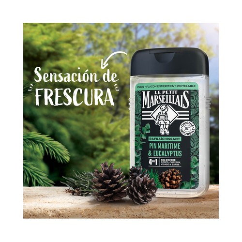 LE PETIT MARSEILIAIS Gel para baño o ducha 4 en 1 (cuerpo, cabello, cara y barba) con pino marino y eucalipto 250 ml.