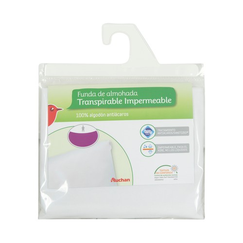 Funda protectora de almohada 100% algodón con tratamiento antiácaros, color blanco, 90cm., PRODUCTO ALCAMPO.