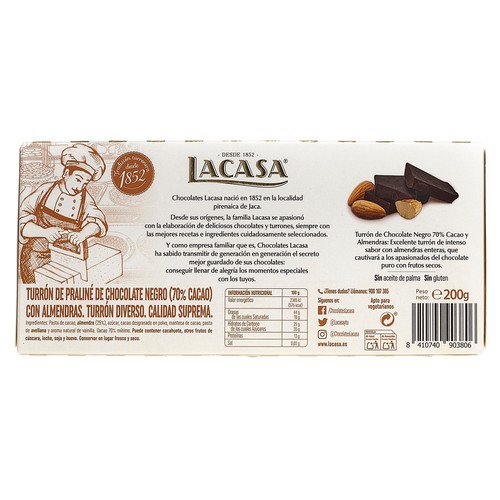 Turrón de chocolate negro y almendras LACASA 200 g.