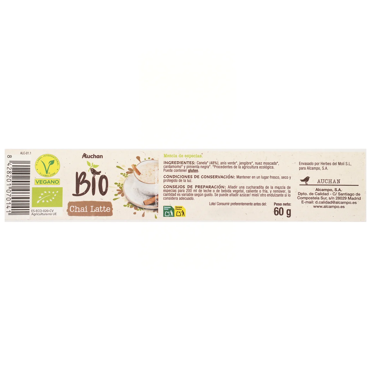 PRODUCTO ALCAMPO Bio Chai latte ecolñogico 60 g.