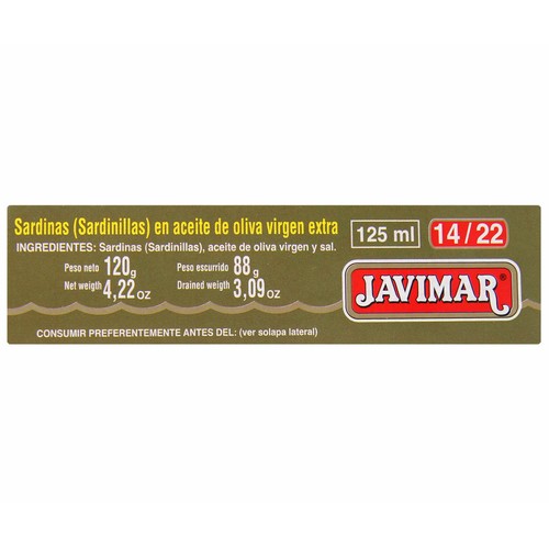 JAVIMAR Sardinillas en aceite de oliva virgen extra lata de 120 g.