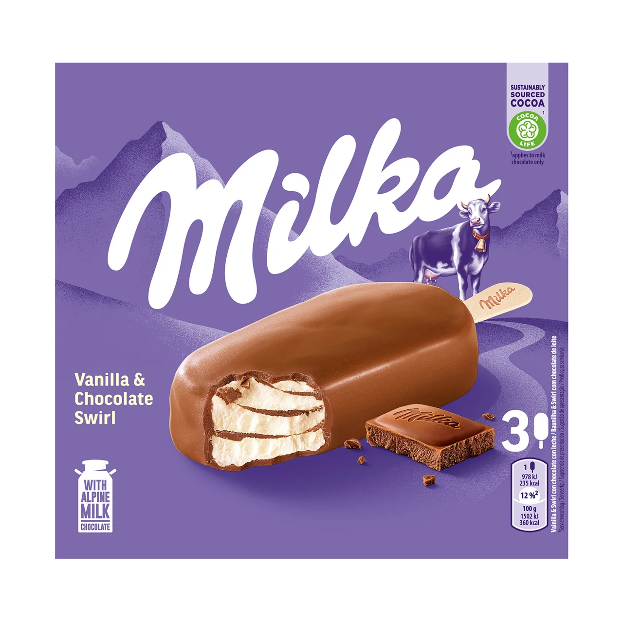 Helado de vainilla con chocolate con leche (leche proviniente de los Alpes) recubierto de chocolate con leche 3 x 90 ml.