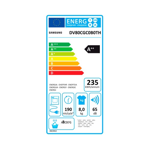 Secadora por condensación SAMSUNG DV80CGC0B0THEC capacidad de secado: 8KG, clasificación energética: A++, H: 85cm, A: 60cm, F: 60cm.