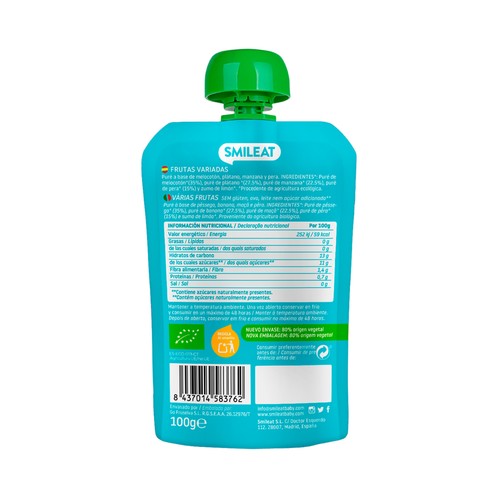 SMILEAT Bolsita de fruta ecológica (pera, melocotón, plátano y manzana) a partir de 6 meses 100 g.