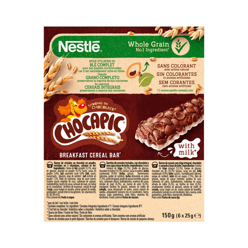 NESTLÉ Cereales en barrita con chocolate y leche NESTLÉ CHOCAPIC barrita de 25 gr, pack de 6 uds.