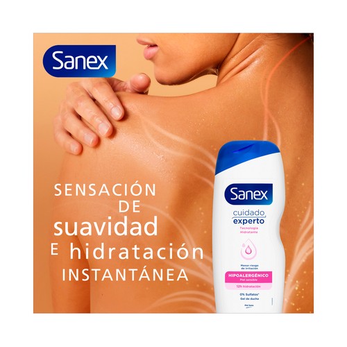 SANEX Cuidado experto Gel para ducha o baño hipoalergénico, especial pieles sensibles 600 ml.