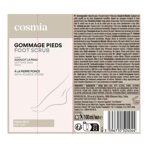COSMIA Crema exfoliante para pies, con piedra pomez, para pies secos 100 ml.