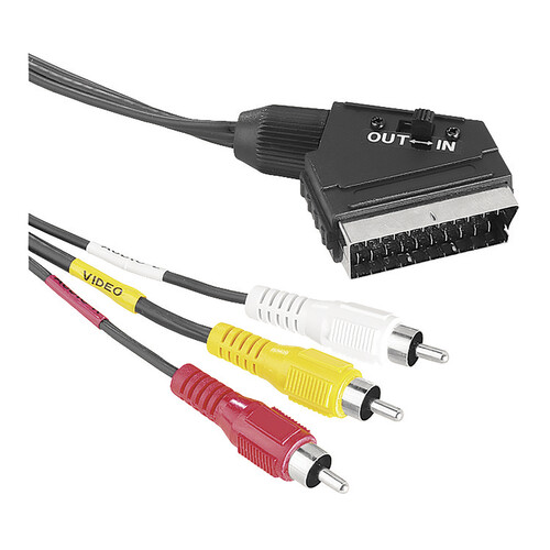 Cable QILIVE de Euroconector macho + selector a 3 RCA macho,1,5 metros, terminales plateados, color negro.