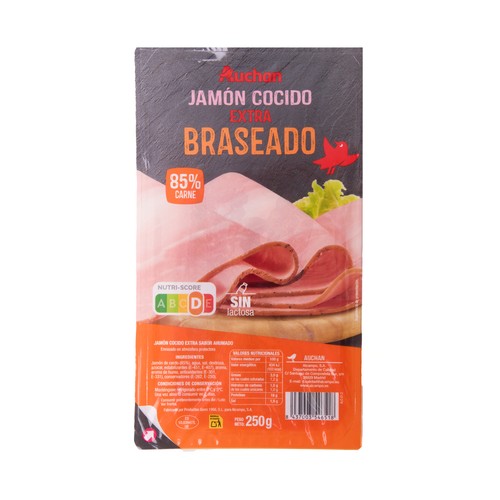 Jamón cocido braseado extra, sin gluten y cortado en lonchas PRODUCTO ALCAMPO 250 g.