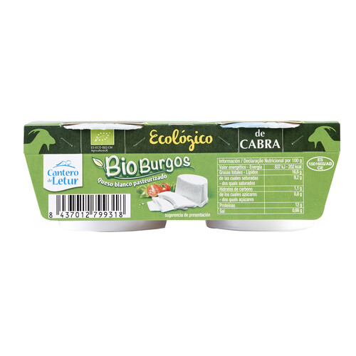 Queso blanco de leche de cabra ecológico EL CANTERO DE LETUR BIO BURGOS tarrina 2 uds. x 100 g.