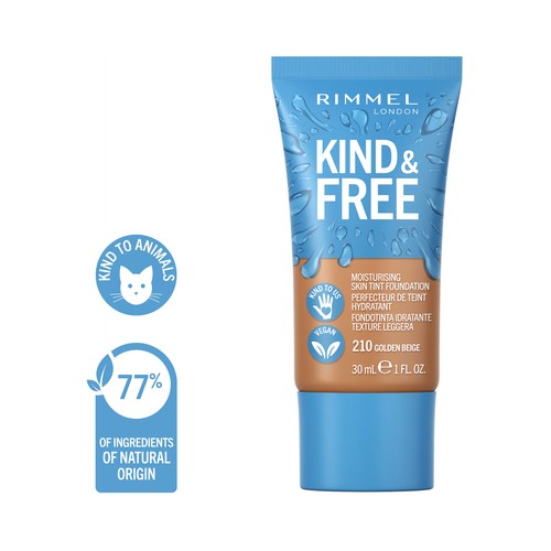 RIMMEL  Kind & free Tono 210 Golden beige Base de maquillaje hidratante para un acabado radiante y saludable,30 ml.