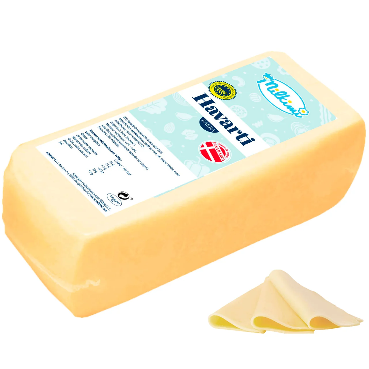 Queso Havarti con Indicación Geográfica Protegida (IGP) al corte. - Loncha normal 1 a 2 mm