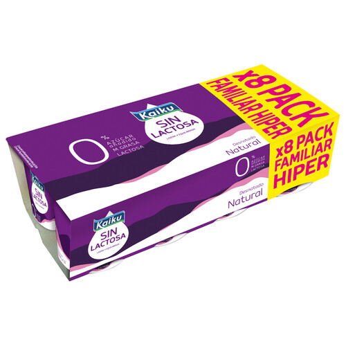 Yogur natural sin lactosa, sin azúcares añadidos y con 0% materia grasa KAIKU 0% 8 x 125 g.