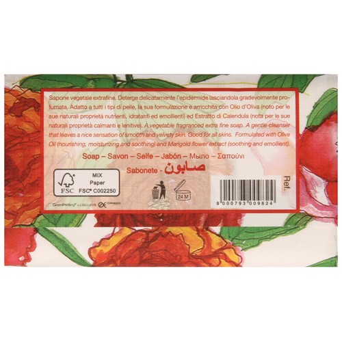 ITERITALIA Pastilla de jabón de origen vegetal, aceite de oliva y extracto de caléndula y con aroma a Peonia ITERITALIA Fiori d´italia 200 g.
