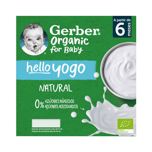 GERBER Postre lacteo infantil ecológico, sabor natural, a partir de 6 meses GERBER Organic 4 x 90 g.