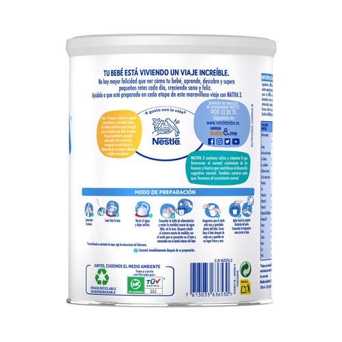 NATIVA 3 de Nestlé Leche (3) de crecimiento en polvo, a partir de los 12 meses 800 g.