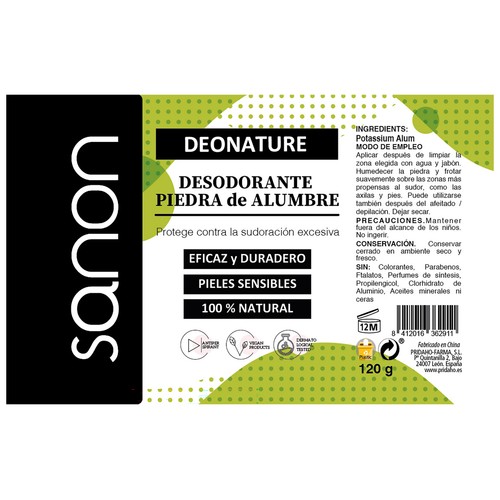 SANON Desodorante roll-on piedra de Alumbre, para pieles sensibles 120 g.