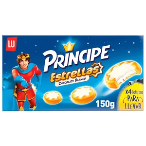 PRÍNCIPE Galletas Estrellas rellenas de crema de leche y cubiertas de chocolate blanco 150 g.