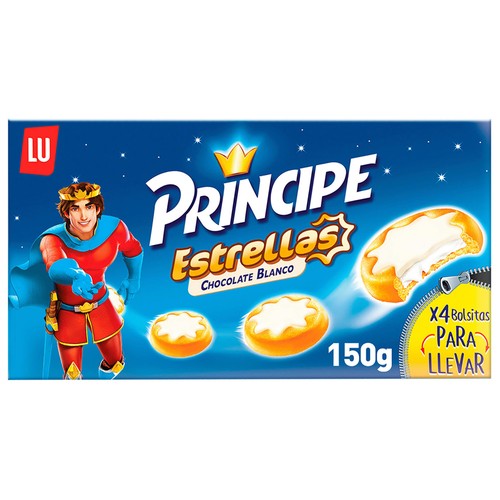 PRÍNCIPE Galletas Estrellas rellenas de crema de leche y cubiertas de chocolate blanco 150 g.