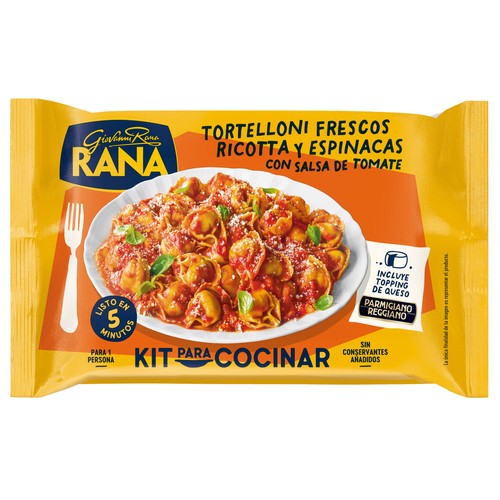 RANA Tortelloni de pasta fresca, rellenos de ricotta y espinacas con salsa de tomate 408 g.