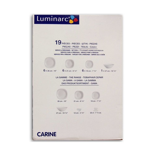 Vajilla 19 piezas de vidrio Opal blanco con forma cuadrada y bordes redondeados, Carine LUMINARC.