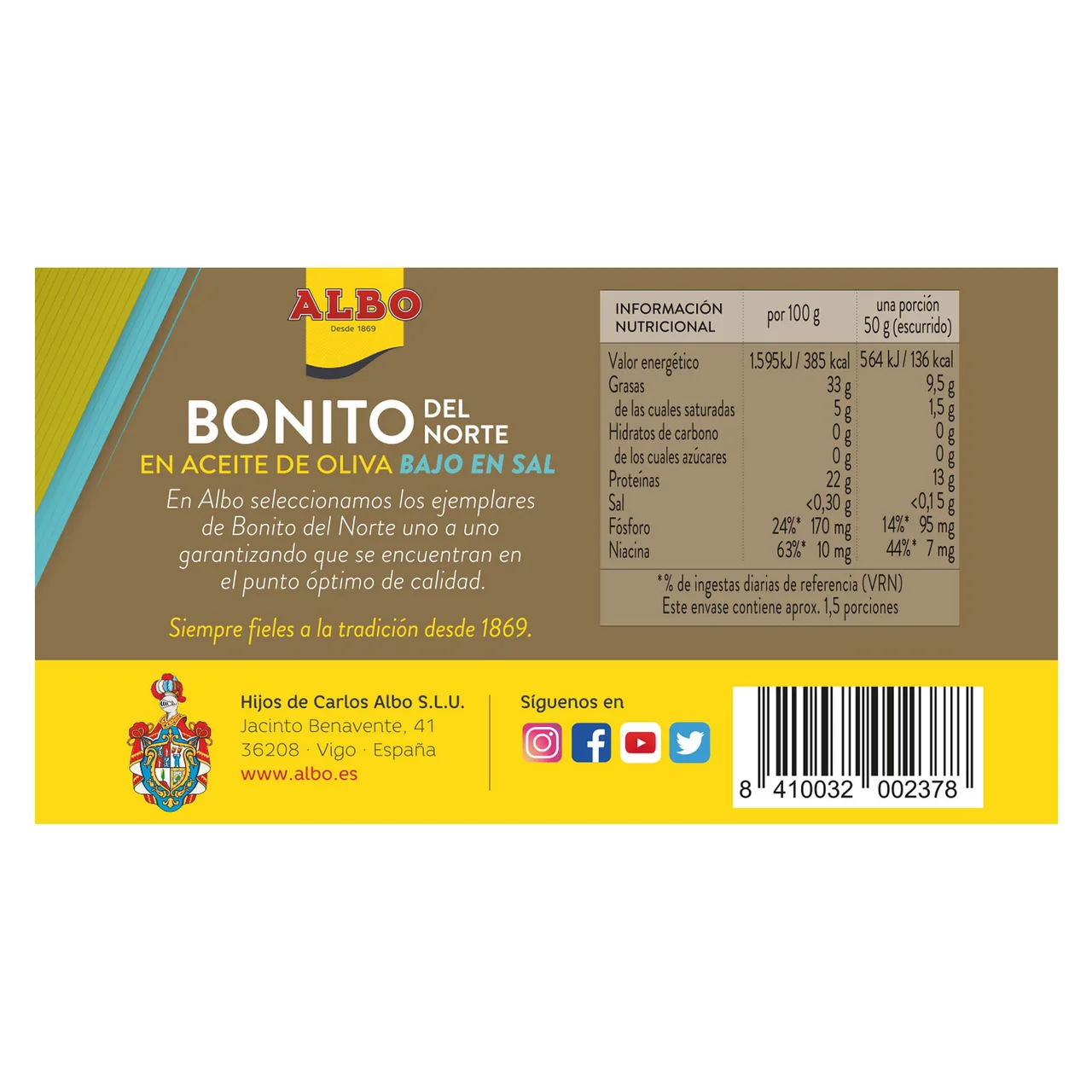 Bonito del norte en aceite de oliva con contenido reducido en sal lata de 82 g.