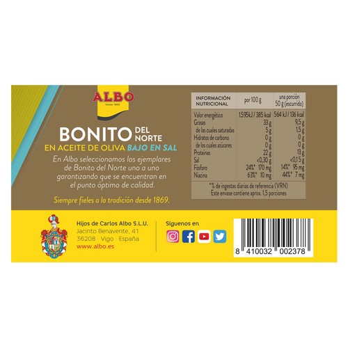 ALBO Bonito del norte en aceite de oliva con contenido reducido en sal lata de 82 g.