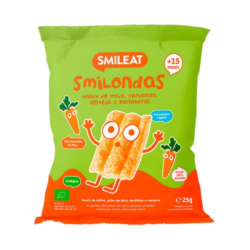 SMILEAT Smilondas Snacks de maiz, garbanzo, lenteja y zanahorias ecológico, a partir de 15 meses 25 g.