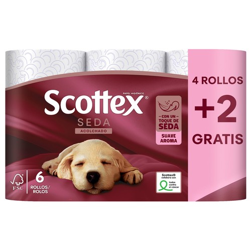 SCOTTEX Seda Papel higiénico acolchado con un toque de seda y aroma suave 6 rollos.