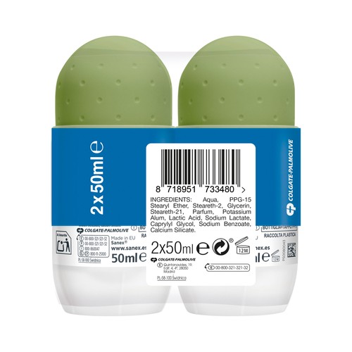 SANEX Mineral protect Desodorante roll on para mujer con piedra de alumbre, para pieles normales 2 x 50 ml.