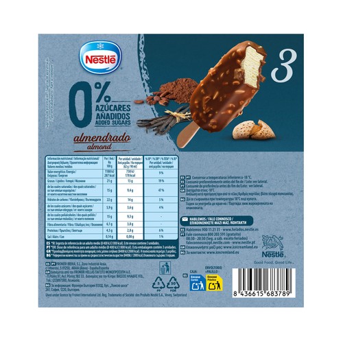 NESTLÉ Helado de vainilla con chocolate y trocitos de almendra, sin azúcares añadidos 3 x 90 ml.