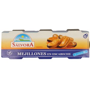 SÁLVORA Mejillones escabeche lata de 80 g. pack de 3 uds.
