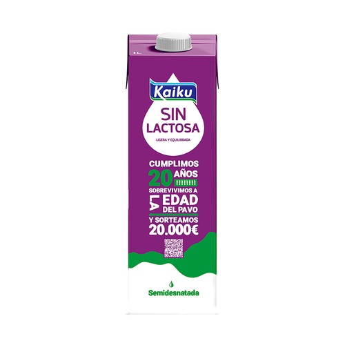 Leche de vaca semidesnatada y sin lactosa KAIKU 1 l.