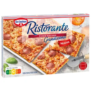 DR. OETKER Ristorante grandissima Pizza congelada de masa fina con tomate, salami y queso 540 g.